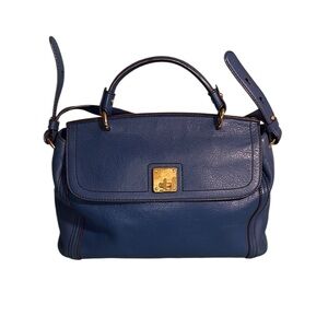 MCM Blue Leather Satchel R8188 Top Handle Bag Munich Logo Flap Medium
